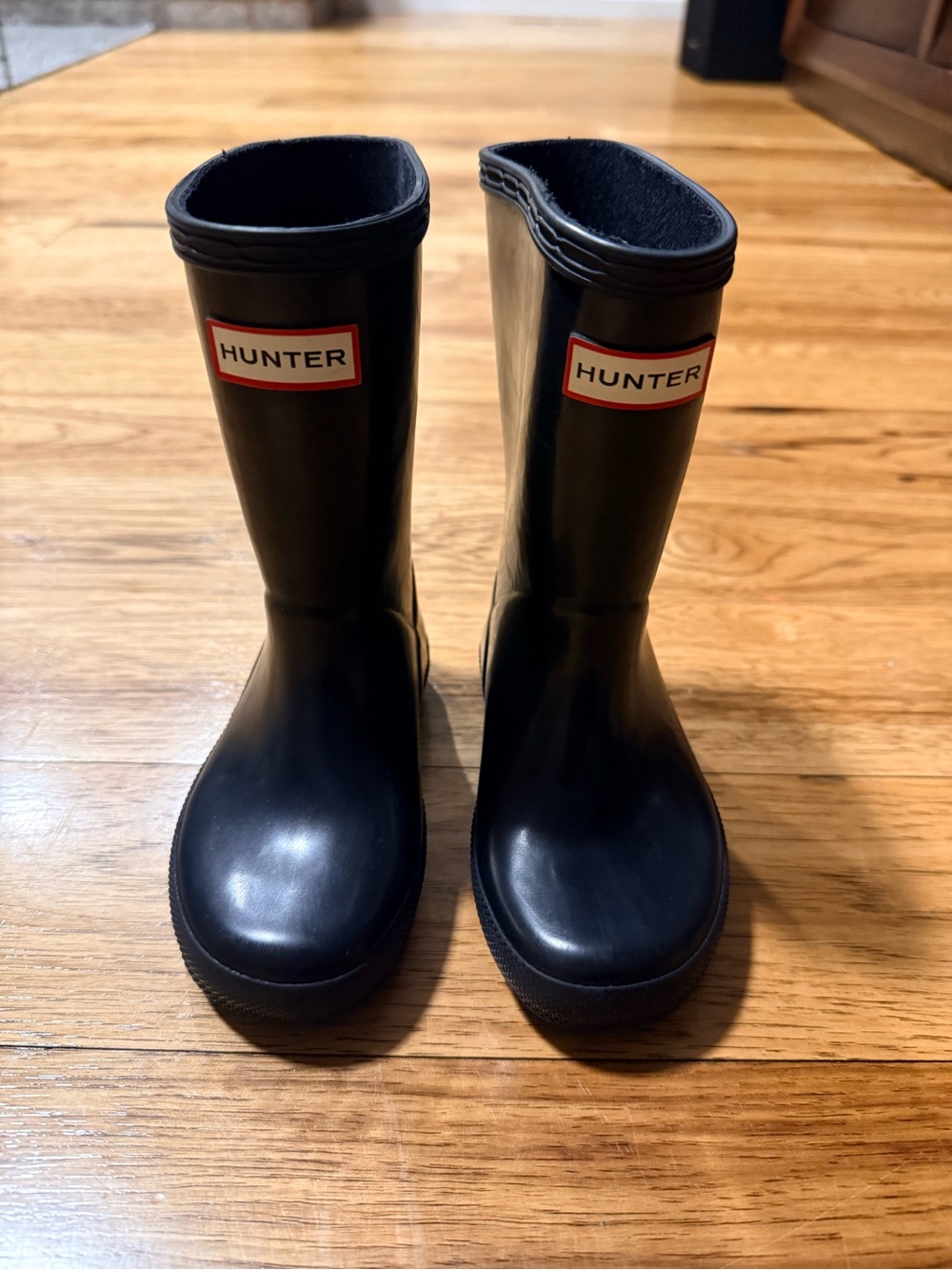 Hunter Kids Black Gloss Rain Boots with Red Logo Trim